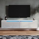 SONNI TV Board Weiss Hochglanz Hängend 140x35x30cm TV Schank mit LED-Beleuchtung TV Lowboard Fernseherschank Griffloses Design, für Ihr Wohnzimmer