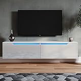 SONNI TV Board Weiss Hochglanz Hängend 140x35x30cm TV Schank mit LED-Beleuchtung TV Lowboard Fernseherschank Griffloses Design, für Ihr Wohnzimmer