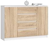 AKORD Kommode K 140 cm 4 Schubladen und 2 Türen | zum Wohnzimmer Schlafzimmer Arbeitszimmer | Modernes funktionales Design | Schichtstoffplatte Farbe Weiß/Sonoma