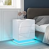 Weiß Nachttisch Hochglanz Front Nachtschrank 3 Schubladen mit Led Beleuchtung Beistelltisch für Wohnzimmer Schlafzimmer 50 x 35 x 60cm