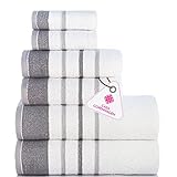 Casa Copenhagen White Bay-Handtuch aus 600 g/m² ägyptischer Baumwolle für Hotel, Spa, Küche und Bad, 6-teiliges Set mit 2 Bädern, 2 Händen, 2 Waschlappen – Weiß mit dunkelgrau-hellgrauem Rand