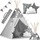 NUKIDO Kinderzelt Tipi Zelt Baumwolle Holzrahmen Bezauberndes Design Entwicklungsförderung Leicht zu reinigen 120x120x165cm Girlanden Lichter Grau