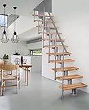 Systemtreppe ATRIUM Dixi, grau, Geschosshöhe 222-300 cm, mit 80 cm Holzstufen in Buche natur