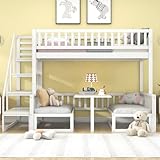 KEEPREAPER Etagenbett für 2 Kinder mit verstellbarem Tisch und 2 Sofas, Kinderbett 90x200 mit Rausfallschutz und Lattenrost, Hochbett mit Treppe, Holz, Weiß (Etagenbett mit Tisch und Sofa)