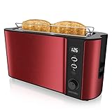 Arendo - Toaster Langschlitz 2 Scheiben - Defrost Funktion - 1000W - Doppelwandgehäuse - Integrierter Brötchenaufsatz - Bräunungsgrade 1-6 - Display mit Restzeitanzeige - Karminrot Metallic