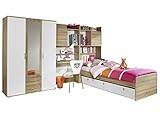 Rauch Möbel Emilio Jugendzimmer Kinderzimmer Set, Eiche Sonoma / Weiß, Bettanlage mit Schubkästen incl. Schreibtisch und Aufsatz sowie Drehtürenschrank, Stellmaße komplett BxHxT 317x188x237 cm