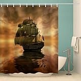 MOXINO Maritim Duschvorhang Anti-Schimmel 180x180 cm Polyester Stoff Textil Waschbar Badvorhang 3D Segelboot Meer Motiv Design Duschvorhänge Wasserdicht Badezimmer Vorhänge mit 12 Haken