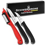 Schwertkrone Küchenmesser Set - Gemüsemesser scharf/Schälmesser gerade/gebogen + Sparschäler/Schäler rot