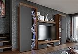 Furnix Wohnwand Riva XL Mediawand Grau Wohnzimmer 4-TLG Komplett-Set mit LED - TV Lowboard, Highboard Vitrine, Wandregal - Modern Freistehend - B 300 x H 190 x T 40,2 cm, Farbe Lefkas Eiche/Graphit