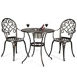 COSTWAY 3tlg. Bistro-Set mit 2 Stühlen & Beistelltisch, runder Tisch mit abnehmbarem Eiskübel & 2 Stühlen aus Gussaluminium, Gartenmöbel-Set für Veranda, Terrasse & Garten