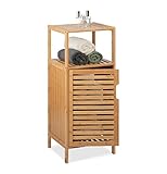 Relaxdays Badschrank Bambus, HBT: 87 x 36,5 x 33 cm, schmales Badregal mit Tür, 2 offene Ablagen, Badkommode, Natur