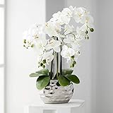 Kunstpflanze Orchidee Phalaenopsis mit silber-farbigem Keramiktopf - ca. 53cm hoch (weiß)