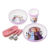 damaloo Frozen Geschirrset & Besteck Kinder - rutschfest & BPA frei - Anna und Elsa Geschirr Set mit Teller, Schüssel, Becher, Gabel, Löffel - Eiskönigin Baby Geschirrset Mädchen & Kinderbesteck