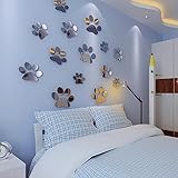 RZCREW Hundepfoten-Dekoration, 3D-Wandspiegel, Kristallaufkleber für Zoohandlung, Party, Fußabdrücke für Kindergarten, Schlafzimmer, Metope-Verzierung, 4 Stück, Silber, 10 x 10 cm