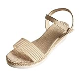 Damen Mode Sommer Bohemian Stoff Offene Zehenpartie Neigung Absatz Dicke Boden Schnalle Sandalen T-Riemen Sandalen für Frauen Absatz, beige, 37 EU