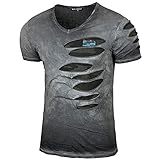 Herren Verwaschen Vintage Used Look Rundhals T-Shirt Kurzarm Hemd Slim Fit Design Fashion 053, Farbe:15053 Anthrazit, Größe:XL