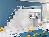 Hochbett mit Schreibtisch TOMI 5 Schrank Treppe Kindermöbel Hochglanz Jugendzimmer Komplet (Weiß/Weiß)