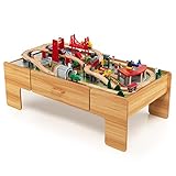 DREAMADE Eisenbahn-Set mit Spieltisch und 100 Zubehör, Bahngleis-Set, Holzeisenbahn, Spielzeugeisenbahn-Set für Kinder ab 3 Jahre