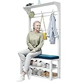 Garderobenleiste Flur Baum mit Schuhbank für Eingangsbereich 3-in-1 Design Industrie Akzent Möbel Kleiderständer Bank mit Stauraum und Haken (Farbe: Weiß Blau, Größe: 80 cm)