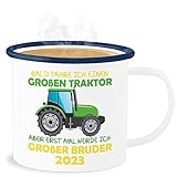 Emaille Becher Blechbecher - Großer Bruder - Tassen - Bald fahre ich einen großen Traktor aber erst mal werde ich großer Bruder 2023-300 ml - Weiß Blau - big brother schwangerschaft - EB221