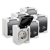 greate 6x Aufputz Steckdose 1fach für Feuchtraum - AP Steckdose mit Klappdeckel IP44, 250V, 16A, 2 polig - Aufputz Steckdosen, Aufputzdose Außenbereich, Aufputzsteckdose 1fach, Außen Steckdose