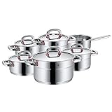 WMF Premium One Topfset Induktion 6-teilig, Kochtopf Set mit Metalldeckel, Cromargan Edelstahl poliert, Töpfe Set unbeschichtet, Innenskalierung