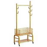 BephoN Boden Kleidung Kleiderständer, Rollende Kleiderstange Regal mit Korb Und Schuhablage, Mehrzweck-Organisator Regal, für Schlafzimmer Ankleidezimmer (Color : Gold, Size : 60 * 38 * 190cm)
