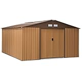 Outsunny Gerätehaus mit Bodenplatte Geräteschuppen Gartenhaus Garten Schuppen Metall Braun 340 x 386 x 200 cm