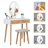 YU YUSING Schminktisch mit Beleuchtung, Schminktisch mit Spiegel LED Stuhl, Frisiertisch Kosmetiktisch mit 2 Schubladen, Einstellbarer Helligkeit, Frisierkommode Make Up Dressing Vanity, Modern（Oval）