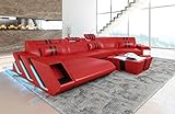 Sofa Apollonia C Form Wohnlandschaft Leder Couch mit Kopfstützen Ledersofa mit LED Beleuchtung (Ottomane Links, Rot-Schwarz)