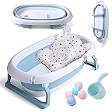 Groß Faltbare Baby Badewanne mit 55 Litern Volumen, Baby Wanne Inkl. Badewanneneinsatz Baby, Kinder Bälle, Baby-haarwaschbecher, Babybadewanne Faltbar für Babys 0-6 Jahre, 80 X 49 X 25 cm