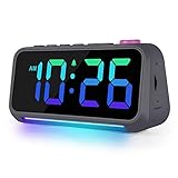 Wecker Kinder Erwachsene, Wecker Digital mit 7 Farben Nachtlicht, Dynamische RGB Wecker, 6' Wecker mit Licht/LED-Display mit Mehreren Schriftarten/dimmbar/5 Lautstärken/USB-Ladeanschlüsse Dunkelgrau