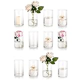 12 x Zylinder Glas Vase für Hochzeit Deko, Hewory Kerzenhalter Glaszylinder Set Modern Blumen Vasen Set Tulpen Trockenblumen, Kerzenständer Windlicht für Stumpenkerzen Teelicht schwimmkerzen