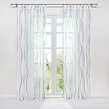 HongYa 1er-Pack Voile Gardine Transparenter Vorhang mit Kräuselband Wellen Druck H/B 225/140 cm Weiß Silber