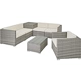 TecTake Polyrattan Sitzgruppe mit Aufbewahrungsbox für Polster, Tisch mit Glasplatte, frei zu gruppierendes Gartenmöbel Set, Rattan Lounge für den Garten – Balkonmöbel, Balkonmöbel Kleiner Balkon