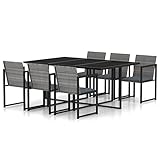 Tidyard 7-TLG. Garten Essgruppe Terrassenmöbel Set 6 Personen Sitzgruppe Gartenmöbel Set Metall Esstisch mit Glas-Tischplatte & 6 Stuhl, Gartengruppe Sitzgarnitur Grau