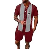 Herren Freizeit Sport Hawaii Beach Style Stitching Stripe Print Kurzarm Hemdhose Zweiteiliges Set Herren Anzug 29 (f-Rot,f-Rot)