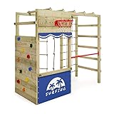 WICKEY Klettergerüst Outdoor Spielturm Smart Action mit Blauer Plane, Spielgerät mit Kletterwand, Basketballkorb & Spiel-Zubehör für Kinder im Garten aus Holz