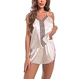 keephen Damen Loungewear Set Hosenträger Pyjamas EIS Seide V-Ausschnitt Sommer Damen Nachtwäsche Leopardenmuster Spitze Zweiteiliges Set Nachtwäsche