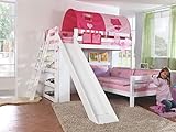 Froschkönig24 Etagenbett Sky Kinderbett mit Rutsche Spielbett Bett Weiß Stoffset Pink/Herz, Matratzen Oben/unten:mit 2X Matratze