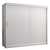 Mirjan24 Kleiderschrank Kirtan Slim I, Schwebetürenschrank mit 2 Kleiderstangen, Schiebetürenschrank mit Zierstreifen für Schlafzimmer, Garderobe (Modell 200, Weiß/Weiß)