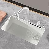 Küchenspüle, Wasserfall-Spüle, Nano-Einzelspüle Für Zuhause, Neue Weiße Spüle Aus Edelstahl 304, Arbeitsstation Mit Raindance-Wasserhahn-Seifenspender (Color : B, S : 75 * 46cm)