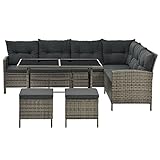 Juskys Polyrattan Lounge Manacor grau-meliert — Gartenlounge mit Sofa, Tisch, 2 Hocker & Kissen — Gartenmöbel Set bis 7 Personen — Sitzbezüge in Grau