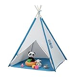 Relaxdays Spielzelt, Tipi Zelt für Kinder, mit Boden, Kinderzelt, HBT: 154 x 124 x 124 cm, drinnen & draußen, weiß/blau