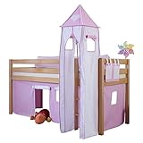 Relita Halbhohes Spielbett Alex mit Vorhang, Turm und Tasche, Buche massiv, Natur lackiert