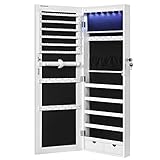 SONGMICS Wandspiegel, Schmuckschrank hängend, Spiegelschrank mit LED-Innenbeleuchtung, Wandschrank mit Ganzkörperspiegel, Wandmontage, an der Tür hängend, weiß JJC99WT