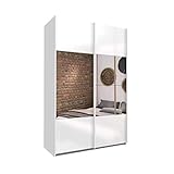 Bloomwood KUMOX Kleiderschrank, moderner Schwebetürenschrank 136 cm breit, 210 cm hoch 2-türig mit Einlegeböden und Kleiderstangen, Made in Germany, Hochglanz Weiß mit Spiegeltür