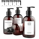 MONOKO 4er Set Seifenspender Kunststoff Braun 300ml Flasche - Plastik Shampoo Spender zum Befüllen - Pumpflasche + Aufkleber