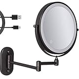 8'' Wand-Make-up-Spiegel, schwarz, wiederaufladbar über USB, doppelseitig, mit 3-farbigen LED-Leuchten, 1x/5x Vergrößerung, Badezimmerspiegel for Rasieren, ausziehbarer Arm, Touch-Steuerung 1x/5x