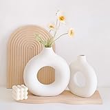 Hyindoor Donut Vase Keramik Vase für Pampasgras Kreative Handmade Runde Vase Mit Loch Nordic Ring Form Moderne Wohnkultur für Haus Büro Deko Dekoration Weiß 2 Pcs